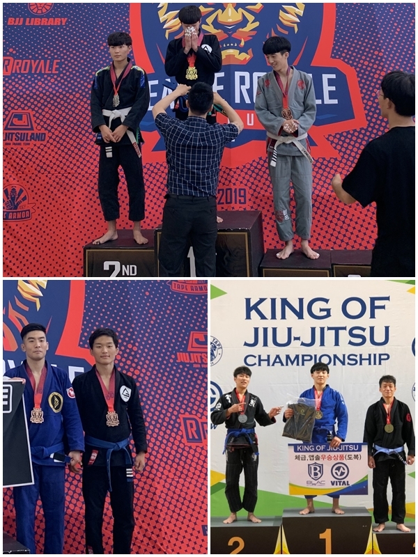왼쪽부터 리그로얄10에서 우승한 송유민 아이기스 주짓수 선수, 3위 김진우 선수, 그리고 킹 오브 주짓수 대회 우승자인 김정철 선수가 우승 메달을 수여받고 있다.