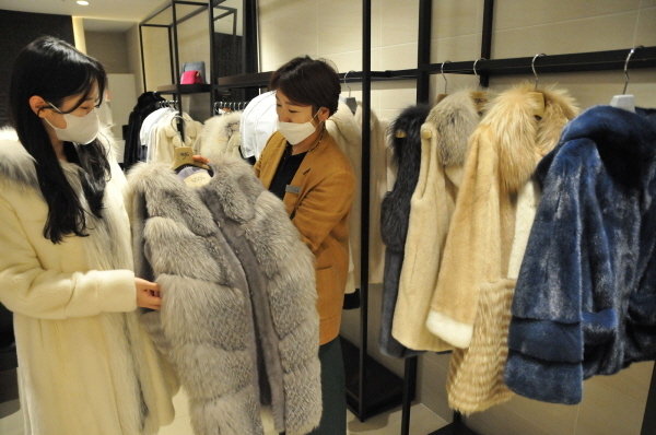롯데백화점 대구점 3층 진도모피 매장에서 여성 고객이 모피 코트를 살펴보고 있는 모습. (사진 = 롯데백화점 대구점)