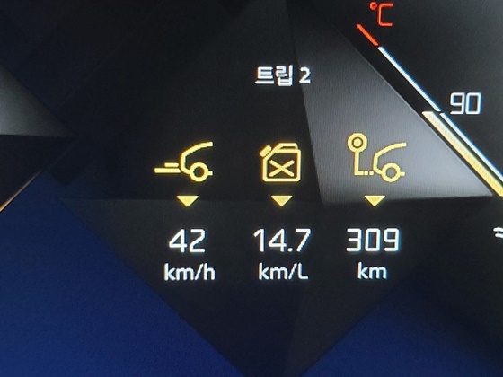 총 309km를 42km/h의 평균 속도로 시승한 후 체크 한 DS 7 크로스백 가솔린 모델의 실제 연비 14.7km/ℓ 기록 (사진 = 강은태 기자)