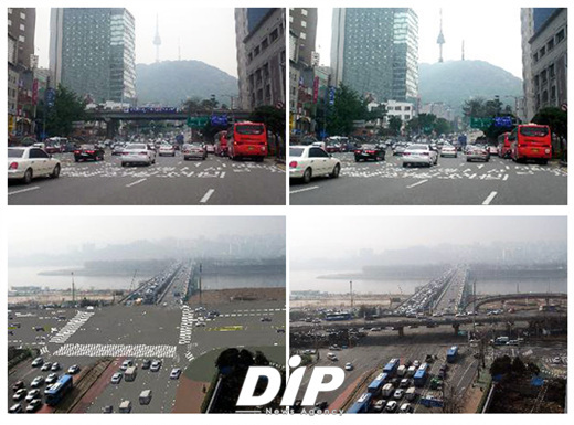 NSP통신-위쪽부터 시계방향으로 ▲회현고가 철거전 ▲회현고가 철거후 ▲한강대교북단 철거전 ▲한강대교북단 철거후