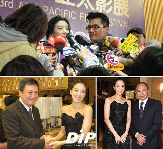 NSP통신-사진 아래 왼쪽은 이칸 제작자와 정려원, 오른쪽은 오우삼 감독과 정려원.