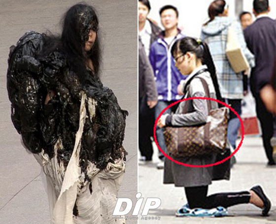 NSP통신-▲기이한 행동으로 화제가 되고 있는 광화문 괴물녀(사진 左)와 중국의 명품 거지(右)