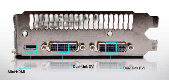 NSP통신-GTX570의 디스플레이 포트. 왼쪽부터 mini-HDMI 포트와 듀얼링크 DVI 포트, 조택코리아 제공