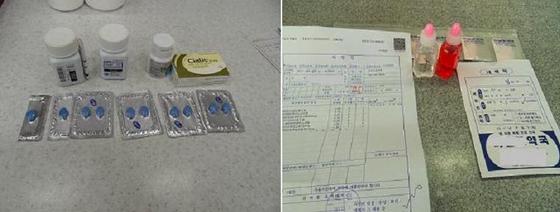 NSP통신-약국에서 압수한 중국산 가짜 발기부전치료제(왼쪽), 약국 종업원이 환자에게 조제한 의약품.