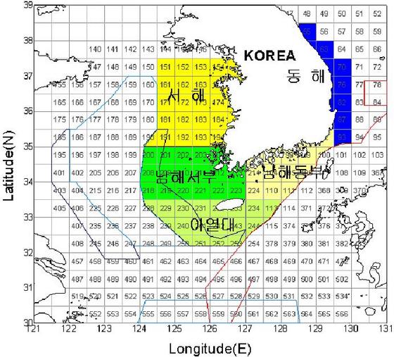 NSP통신-근해어업자원조사 정점도. (파란색 : 동해 EEZ 조사 해구)