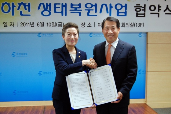 NSP통신-유영숙 환경부장관(왼쪽)과 나동연 양산시장이 하천 생태복원사업 협약을 체결하고 있다.
