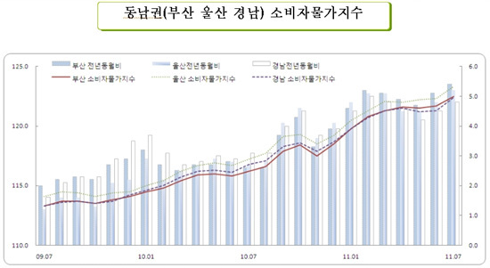 NSP통신-지난 7월부터 동남권에 농수축산물과 석유류 제품 가격이 대폭 상승하고 있다.<자료제공=동남지방통계청>