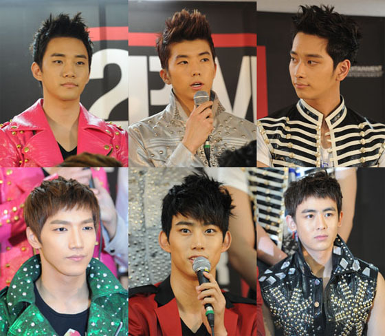 NSP통신-▲데뷔 후 첫 아시아 투어 단독콘서트에 나서는 2PM이 2일 시작을 알리는 서울 공연에 앞서 가진 기자회견에서 소감과 각오를 전했다. 사진은 위 왼쪽부터 시계 방향 순으로 준호 우영 찬성 닉쿤 택연 준수
