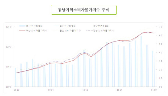 NSP통신-10월들어 동남지역 소비자물가와 일반소비자 체감 생활물가지수가 지난달보다 일제히 하락, 상승세가 한풀 꺾였으나 전년동월에 비해서는 2개월째 4% 상승세를 지속하고 있다.(자료=동남지방통계청 제공)