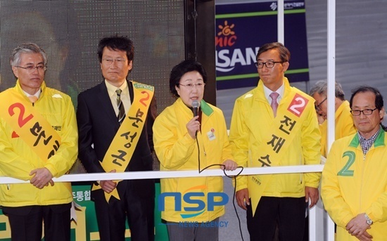 NSP통신-한명숙 민주통합당 대표가 부산시 북구 화명동 롯데아파트 앞에서 문성근 전재수 후보 지지를 호소하고 있다.