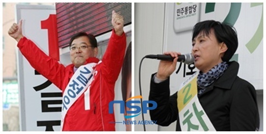 NSP통신-길정우 새누리당 후보(왼쪽)와 차영 민주통합당 후보가 지지를 호소하고 있다.