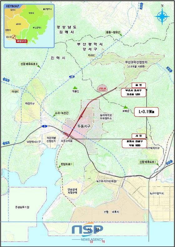 NSP통신-3일 개통된 의곡교차로-지사과학산업단지 도로 위치도. (부산진해경제자유구역청 제공)