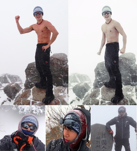 [NSP PHOTO]최필립, 새해 각오도 독특 눈덮힌 지리산 천왕봉 올라 상의 탈의
