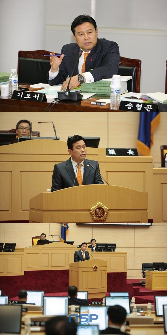 NSP통신-지난해 12월 예산결산위원회 회의에서 기도서 의원(위) 10월 제272회 임시회 3차 본회의에서 도정질문하는 기도서 의원(아래)/NSP통신=최창윤 기자