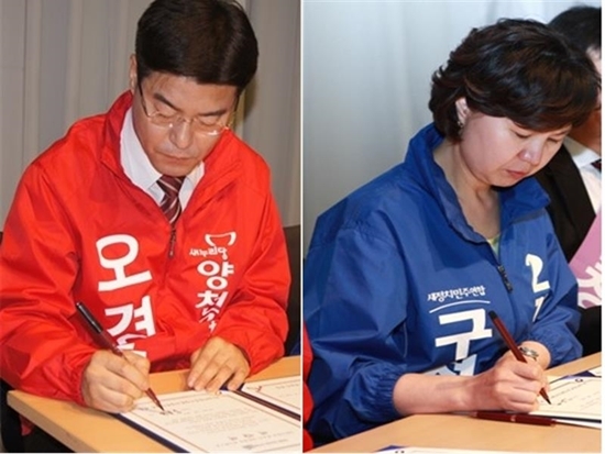 NSP통신-오경훈(왼쪽) 김수영(오른쪽) 양천구청장 후보가 매니페스토 서약식에 참석해 장애인 공약에 서명하고 있다.