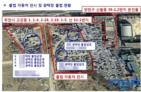 NSP통신-양천구 신월동 자동차 매매단지 인접 자연녹지와 임야에 불법 자동차 광택장과 정비업체들이 영업 중이며 판매용 중고차들 수백 대가 빽빽이 들어차 전시돼 있는 모습.