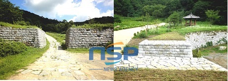 NSP통신-배부름현상이 나타난 운주산성 서문지 성곽 모습(좌,보수 전)과 새단장을 마친 운주산성 서문지 성곽 모습(우, 보수 후) (세종시)