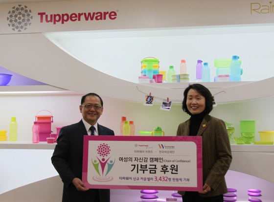 NSP통신-타파웨어 브랜즈 코리아 헉시앙 네오 대표(왼쪽)가 한국여성재단 박기남 사무총장에게 기부금을 전달하고 있다