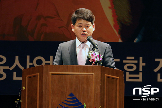 NSP통신-23일 전북은행 본점 대강당에서 전북은행 노동조합 최강성 위원장이 취임사를 하고 있다