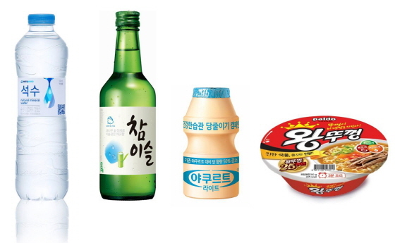 NSP통신-(왼쪽부터)하이트진로음료 석수, 하이트진로 참이슬, 한국야쿠르트 야쿠르트 라이트, 팔도 왕뚜껑. (하이트진로음료 제공)