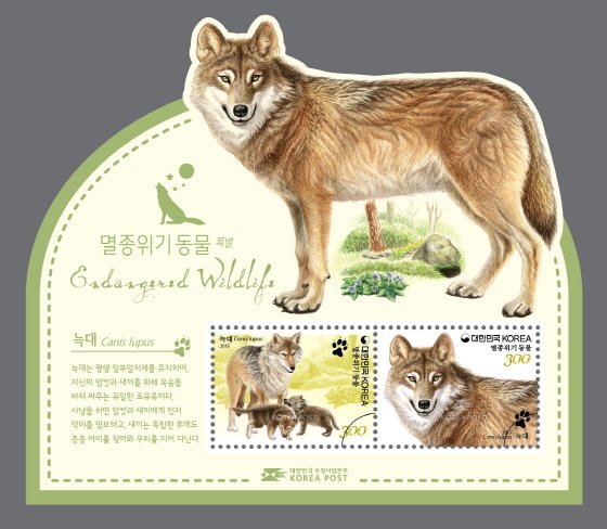 NSP통신-멸종위기 동물 늑대 우표(시트 워터) (우본 제공)