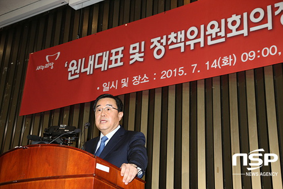 NSP통신-지난 14일 김정훈 의원이 새누리당 정책위의장으로 합의추대돼 취임사를 하고 있다. (새누리당)