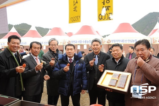 NSP통신-지난해 열린 제1회 완주곶감축제에서 박성일 군수(사진 왼쪽 네번째)가 관계자들과 함께 곶감을 시식하고 있다.