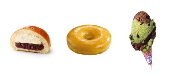NSP통신-(왼쪽부터)파리바게뜨 단팥크림 코팡, 던킨도너츠 글레이즈드 도넛, 배스킨라빈스 초코나무 숲 아이스크림 (SPC 제공)
