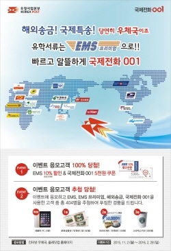 NSP통신-우정사업본부가 내년 2월까지 우체국 국제특송 EMS, 해외송금, 국제전화 001 이용자 대상 100% 당첨 이벤트를 진행한다. (우본 제공)