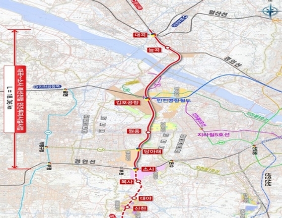 NSP통신-총 18.36km의 대곡 ↔ 능곡 ↔ 김포공항 ↔ 원종 ↔ 당아래를 잇는 대곡-소사 복선전철 노선도