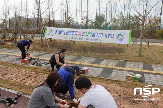 NSP통신-농림수산식품기술기획평가원이 벌개미취 3500본을 식재하고 있다. (나주시)