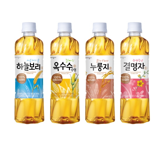 NSP통신-리뉴얼된 웅진식품 차 제품(왼쪽부터 하늘보리, 잘빠진 옥수수수염, 맑게 우려낸 누룽지, 광명찾은 결명자) (웅진식품 제공)
