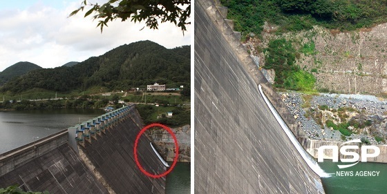 NSP통신-▲섬진강댐 방류모습(좌), 광양만 방면으로 물이 방류되는 모습(우)
