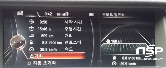 NSP통신-총 609km, 15시간 46분, 평균속도 39.9km/h 주행 후 BMW M550d xDrive의 도심 주행 실제 연비 11.3km/ℓ(8.8ℓ/100km)기록. (강은태 기자)