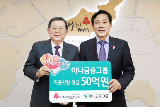 NSP통신-성금 전달 후 김정태 하나금융그룹 회장(사진 오른쪽)과 허동수 사회복지공동모금회장(사진 왼쪽)이 기념 촬영을 하고 있다.