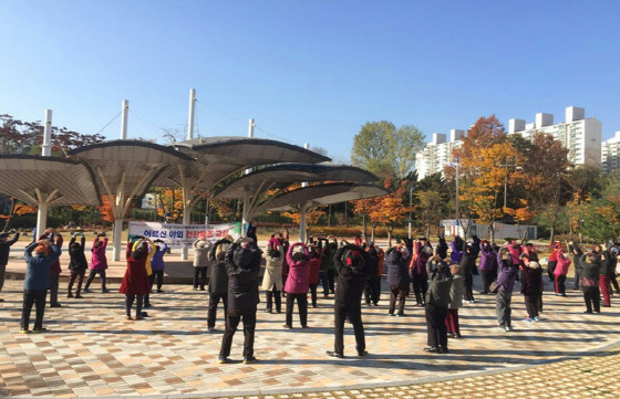 NSP통신-경기도 생활체육지도자 현장지도 중 군포시 어르신 야외 건강체조 교실. (경기도)