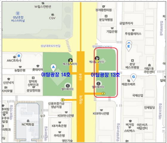 NSP통신-금연구역으로 추가 지정한 모란방향 야탑광장 13호 위치도. (성남시분당구보건소)