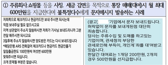 NSP통신-대포통장 유인 문자 메세지 (금감원)