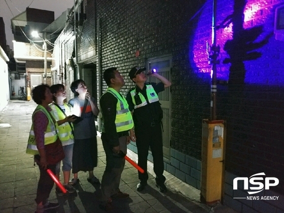 NSP통신-서구청 관계자와 자율방범대가 형광 물질 도포 시범 사업에서 순찰을 진행 중인 모습 (사진 = 대구광역시 서구 제공)