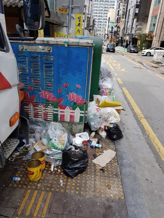 NSP통신-한전에서 인도에 설치한 지상변압기와 지상개폐기 주변에 상인들이 영업을 하고 발생한 음식물쓰레기 등을 모아둬 이 길을 지나는 시민들은 차도로 통행하게 되는 위험을 감수해야 한다. (민경호 기자)