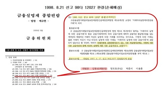 NSP통신-금융위가 2008년에 발간한 금융실명제 종합편람에 1998년 8월 21일에 차명계좌는 당연히 실명전환 대상이라는 대법원 판결(98다12027)내용이 인용돼 있다. (박용진 의원실)