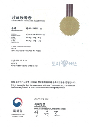 NSP통신-특허청에 등록된 성남시티투어 도시樂(락)버스 상표등록증. (성남시)