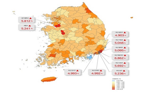 NSP통신-전국 지가변동률 색인도 (단위 : 변동률, %) (국토부)