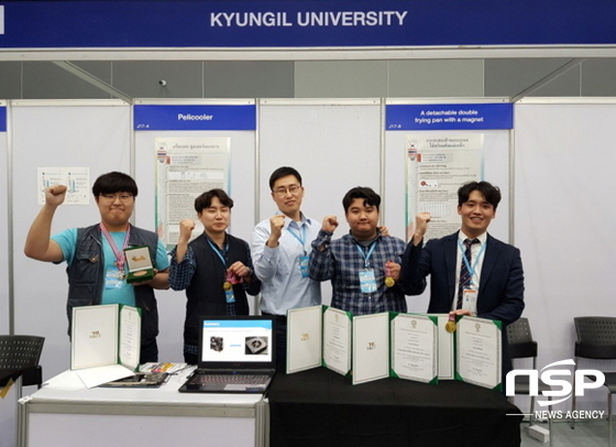 NSP통신-태국국제발명전시회에서 입상자들이 상장과 메달을 목에 걸고 포즈를 취하고 있다 - 좌측부터 우성원, 김영대, 김우재 교수, 구본무, 양민규). (경일대)