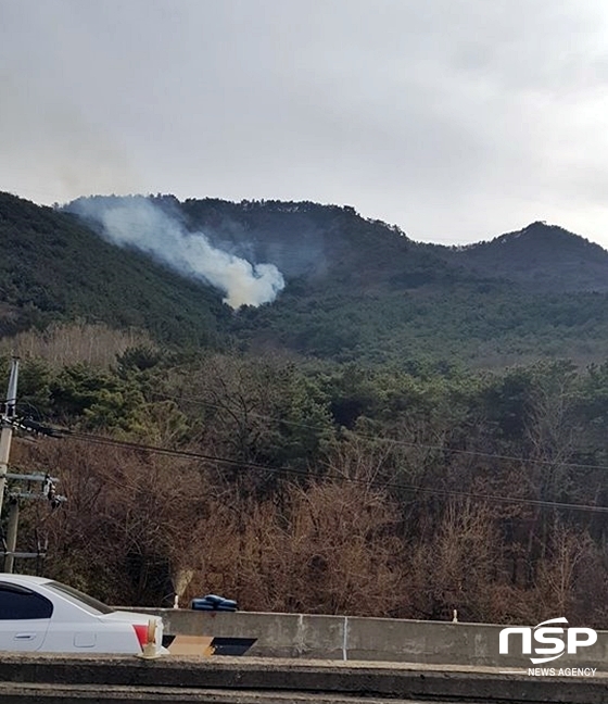 NSP통신-21일 오후 1시 40분 경 남구 대명동 남부도서관 뒤편에서 발생한 앞산 화재 (독자 제공)