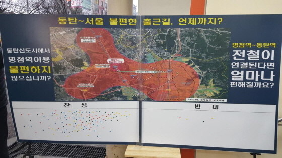 NSP통신-15일 병점역에서 실시된 병점~동탄 전철노선 연결 의견을 묻는 찬반여론 투표 모습. (화성추진위원회)