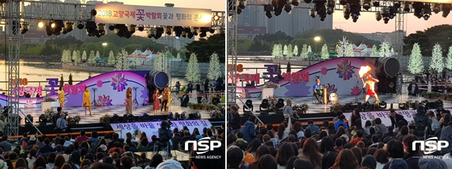 NSP통신-꽃과 평화의 콘서트 행사 중 에콰도르의 패션쇼(왼쪽)와 하와이 팀의 불꽃 쇼(오른쪽)