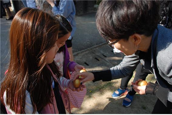 NSP통신-4일 아침 등교길에 수원 화양초등학생들에게 학부모와 교사들이 어린이날 축하 아침맞이를 하면서 황금달걀을 나눠주고 있다. (수원화양초등학교)