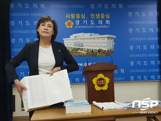 NSP통신-이효경 경기도의원이 기자회견에서 2017년 결산자료를 설명하고 있다. (민경호 기자)