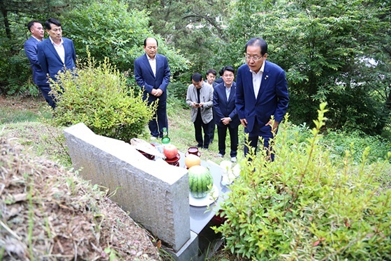 NSP통신-홍준표 자유한국당 대표가 경남 창녕군 부모님 묘소에서 예를 올리고 있다. (자유한국당)